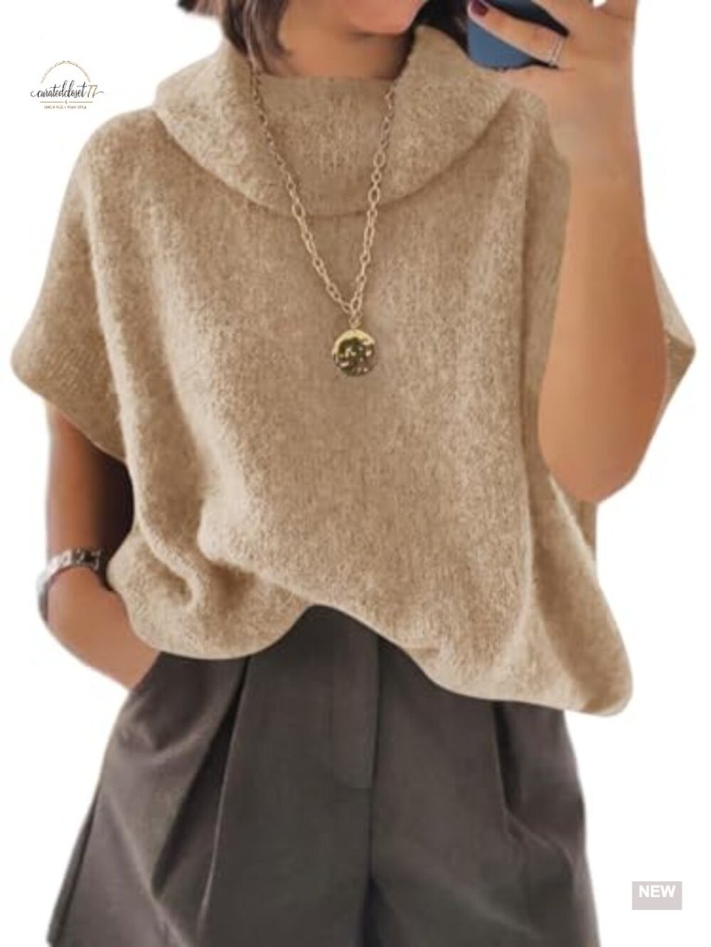 Oversized Turtleneck Sweater Short Sleeve Chunky Knit Pullover